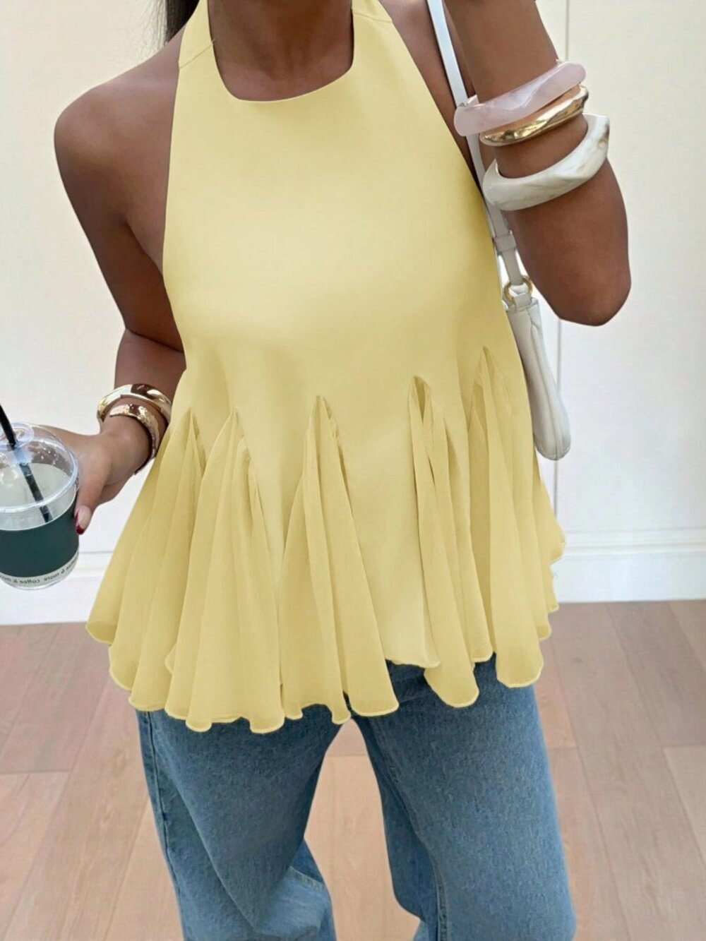 Light Yellow Casual Women's Chiffon Pleated Halter Neck Blouse - Picture 7 of 7